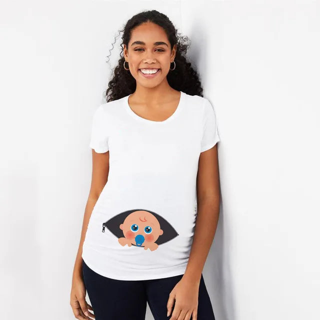 🤰 Sommer Umstands-Sweatshirt – Lustiger Baby-Peeking Print & O-Neck