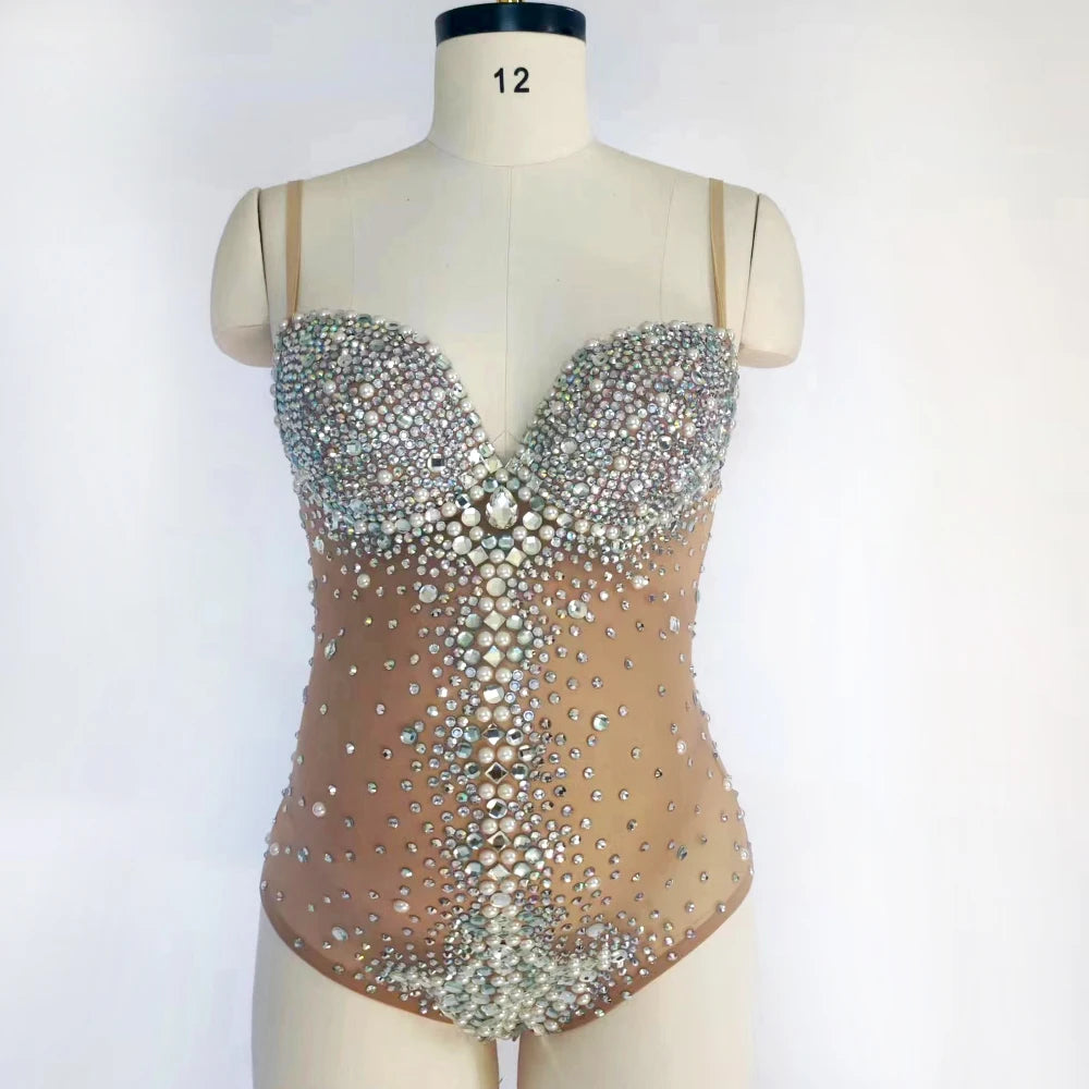 💎 Luxuriöser Schwangerschafts-Body – Strass & Perlen für Fotoshootings