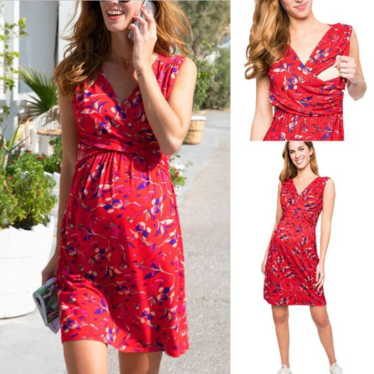 🤰 Sommer Umstands- & Stillkleid – Bedruckt, Ärmellos & V-Ausschnitt